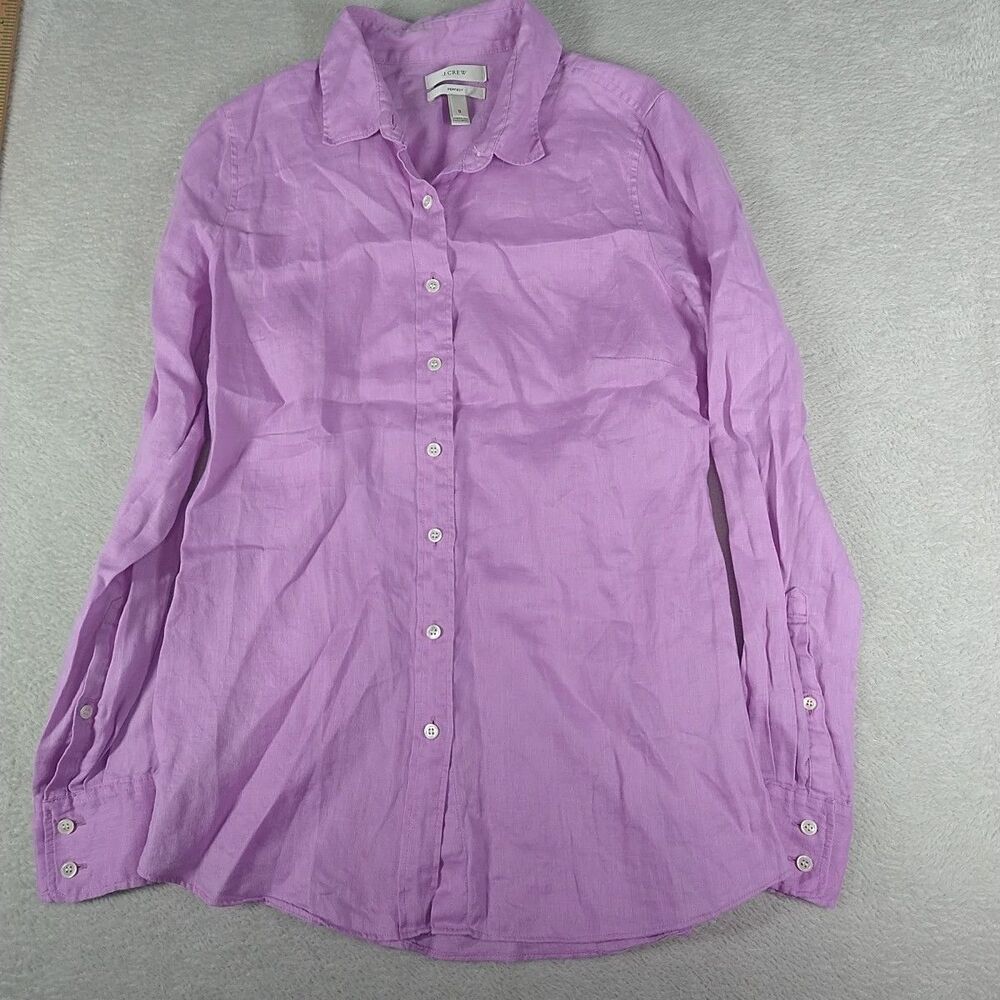 J. Crew Perfect  Linen Shirt Size 0 Purple Button Up Collared Top Beachy Coastal